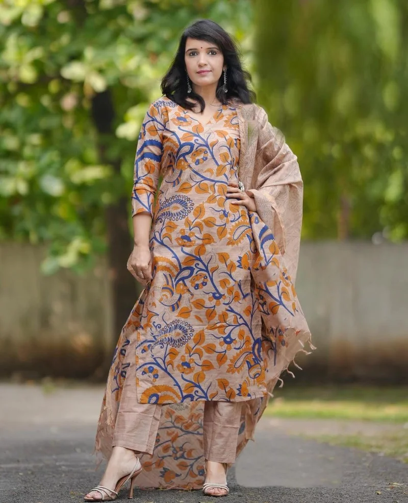 GoSriKi  GoSriKi Women's Rayon Blend Printed Straight Kurta with Pant & Dupatta (Kalam Chiku-GS_3XL_Beige_XXX-Large) for Women | Best Price UAE